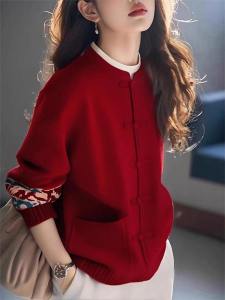 Shalldoer | Áo Khoác Len Đan Mới Phong Cách Tết Nguyên Đán Màu Đỏ