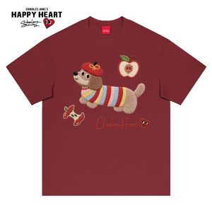 CHARLES JANGS HAPPY HEART | Cotton Summer Cartoon Dachshund Apple Graffiti Print Casual T-Shirt