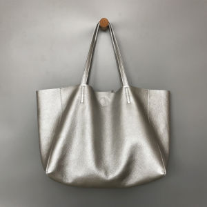 Silver Top Layer Cowhide Leather Tote Bag Artistic Simple Style Single Shoulder Soft Leather Large Bag for Casual Occasions