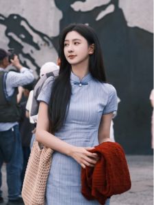 Young Modernized Chinese Zen Style Blue Qipao Dress Elegant High-End Premium National Fashion Short Sleeve Low Slit