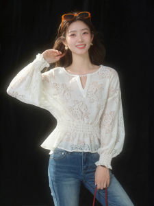 French Lace V-neck Lantern Sleeve Summer Womens Blouse