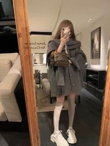 Sweet Oversize Woolen Coat with Tassel Scarf Cowl Neck Long Sleeve Thick Winter Jacket for Women plus Size Fashionable Casual
