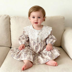 Autumn Flower French Contrasting Lapel Style Girls Dress Spring Baby Kids Long Sleeved Pure Cotton Lace Sweet Princess Dress