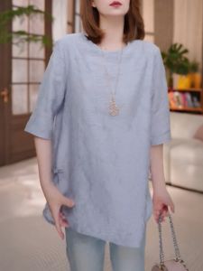 QINGNAER | Elegant Chinese Style Slimming Textured Round Neck 5/8 Sleeve Shirt Plus Size