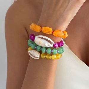 Ingemark | Ingemark 4 Pcs/Set Boho Colorful Acrylic Resin Beaded Bracelet for Women Cute Conch Charm Elastic Bangle Summer Vacation Jewelry