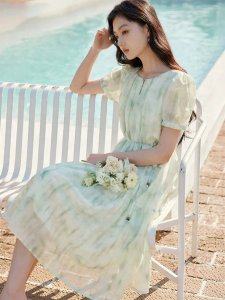XIANGYING | Đầm Tay Bồng Phong Cách Nghỉ Dưỡng Mùa Hè Xanh