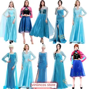 New Halloween Adult Princess Dress Anna Elsa Costume Dress Womens Style Ice Princess Ball Gown Fairy Tale Cosplay Outfit
