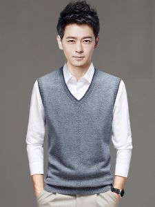 ROMON | Romon Mens Knitted Pure Wool Vest Sleeveless Business Style Autumn Winter New Fashion Urban Straight Hemline Woolen Sweater