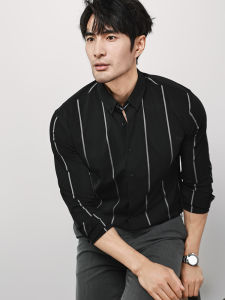 Advanced Business Casual Mens Long Sleeve Slim Fit Shirt Black Stripe Iron Free OOKAAK New Arrival Fashion Urban Youth Polyester Nylon Cotton Blend Four Seasons Wear