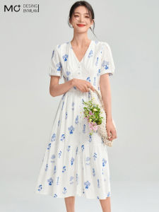 Mo | Summer 2025 New Style Heavy Embroidery Floral V-neck Slimming High-waist Womens Dress Cotton Gentle Style Printed City Commute