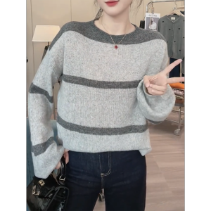 QINGNAER | Autumn New Soft Loose Knit Striped Sweater