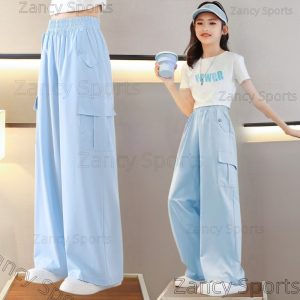 New Cargo Pants 5-16 Years Old Kids Girls Ice Silk Loose Pants Teens Hight Waist Wide Leg Trousers Hip Hop Pants Candy Pants New Style Korean Fashion