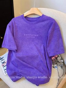 Heavy Industry Starry Sky Rhinestone Hot Fixed Short Sleeve T-shirt Womens Summer New Arrival Loose Design Oversize Rhinestone Shoulder Tops