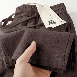 Retro Drawstring Cotton Linen Mens Summer Loose Versatile Thin Long Casual Pants Straight Leg Elastic Waist Youthful Style