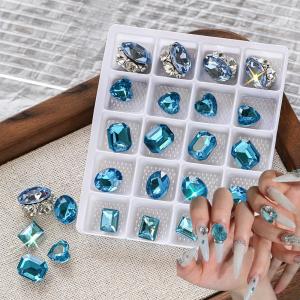 20 ชิ้น 3D Sparkle Lake Blue Nail Art Rhinestones ผสมหัวใจ/รูปไข่/สแควร์แก้วเพชรเล็บ Charms DIY หัตถกรรมเล็บ Accessorie