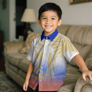 High-Quality Fashion Blue Kids Shirts Barong Tagalog Short Sleeve Philippine Ethnic Modern Shirt Asean Attire Formal For Kids Shirt Comfortable Casual Kids Shirts Summer Dry Fit Shirt