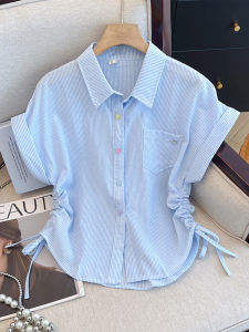 Áo Sơ Mi Cổ Polo Tay Ngắn Mùa Hè Cho Nữ Dáng Rộng Mỏng Xếp Ly Có Dây Rút Đa Năng Phong Cách Mới Chất Liệu Cotton Trơn Màu Dài Thường