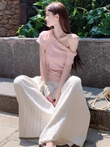 Áo Thun Tay Ngắn Màu Hồng Viền Sóng Cho Nữ Mùa Hè Ôm Eo Thon Gọn Áo Thun Cotton Co Giãn Dáng Ôm Cổ Tròn