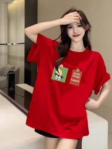 SUSHOUWANGE | Red Cotton T Shirt Short Sleeve Loose Korean Style Simple Print