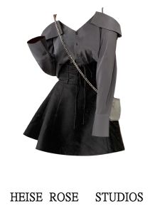 Winter Fashion Long Sleeve Shoulder Bared Loose Shirt And High Waist Half Skirt Two Piece Set Womens Polo Collar Polyester Blend