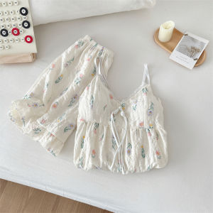 Pure Cotton Sleepwear Set with Chest Pad Womens Summer Home Clothes Short Pants V-neck Print Casual Style Two-piece Set
