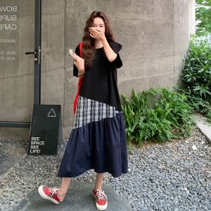 YINLUOYA | Summer New Womens Loose Slimming Plaid Patchwork Dress Fashionable Versatile Korean Style H-Line Midi Dress Round Neck Short Sleeve