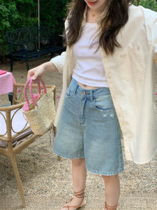 NIHAOKANONG | Quần Jeans Nữ Đơn Giản Thoải Mái Rách Nhẹ