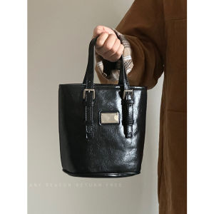Chen Mu Jia Womens Bucket Bag Handbag Soft PU Leather Korean Style Retro Oil Wax Leather Single Shoulder Crossbody Bag