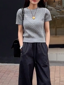 QINGNAER | Soft Round Neck Short Sleeve Knit Top
