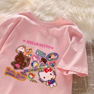 เสื้อยืดคอกลมแขนสั้นผ้าฝ้าย Hello Kitty สำหรับผู้หญิง แฟชั่นฤดูร้อน 2025 ใหม่ หลวมๆ ทันสมัยพร้อมพิมพ์ลายทันสมัย