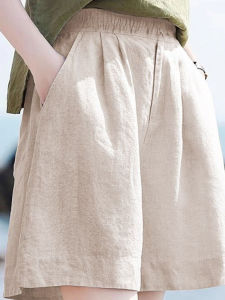 Loose Casual Cotton Linen Short Pants High Waist Wide Leg Summer New Style Womens Loose Elastic Waist Loose Fit Trousers