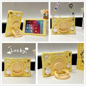 Cute Cartoon Yellow Duck Kids Handle Stand Case For Apple iPad 10th 9th 8th 7th 6th 5th Gen 10.9" 10.2" 9.7" Pro Air 1 2 10.5" 10.9" 11.0" Mini 1 2 3 4 5 6th Gen 7.9" 8.3" 2020 2021 2022 Kids Tablet Relieve Stress Handle Silicone Cover