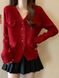 Áo Len Cardigan Dệt Kim Cổ Chữ V Màu Đỏ Cho Nữ Mùa Thu 2025 Cỡ Lớn Có Tua Rua Áo Len Mềm Mại Thoải Mái Phong Cách Hàn Quốc