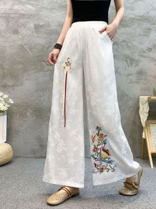 New Arrival High Waist Silk Jacquard Womens Summer Loose Pants Pants New Chinese Ethnic Style Exquisite Embroidery Floral Elegant Culottes