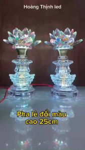 TẶNG DÂY ĐÈN 5M- Bộ 2 đèn thờ pha lê hoa sen cục vàng đổi màu -cao 25 cm nhiều chế độ sáng mạch led tuổi thọ cao đến 20.000 giờ  dễ dàng thay thế