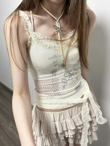 เสื้อกั๊กสายเดี่ยวผ้าลูกไม้สไตล์อเมริกันเซ็กซี่สำหรับผู้หญิงในช่วงฤดูร้อน เสื้อคลุมกันหนาวทรงเข้ารูปกระชับสัดส่วน เสื้อสั้นสุดเทรนด์