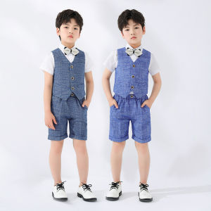 lontakids 4Pcs Toddler Kids Boys Formal Vest Suspenders Suits Gentlemen Tuxedo Outfits Wedding Birthday Party Short Sleeve Shirt Shorts Bowtie Clothes Sets