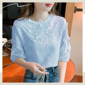 NDDshop สินค้าใหม่✨ เสื้อลูกไม้มาแรง เสื้อเสื้อผ้าแฟชั่นลายฉลุ ตกแต่งคอเสื้อลายลูกไม้ 🌼 สไตล์ฉลุสวยงาม สวยดูดีมีสไตล์ ละมุนมากแม่