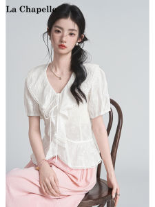 La Chapelle | Slim Design Ruffle Bow V-Neck Short Sleeve Blouse