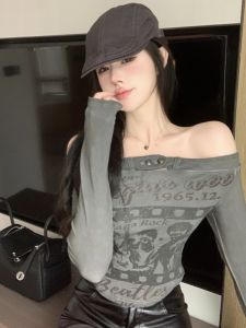 GUZILIAN | Stylish Autumn Winter American Retro One Shoulder Clavicle Base Shirt Womens Slim Fit Long Sleeve Top Korean Style Commute