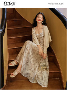 Artka Autumn Winter French Watercolor Print Waist Cinched Dress Square Neck Year End Dinner Party Gown Long a Line Skirt