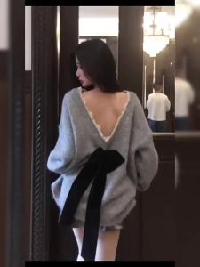 Ge·an·fei | Black Bow Tie V-Neck Open Back Knit Sweater Casual Loose