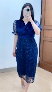 6278 Jessica V-Neck Combi Velvet Brukat Midi Dress Pesta