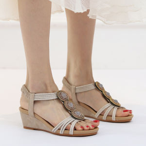 Roman Style Womens Sandals Bohemian Retro Beaded Drilled Heel Travel Shoes Summer New Ethnic Fashion Low Cut PU Lined Slip-On