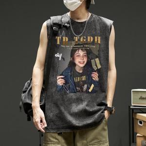 Retro American Cotton Sleeveless Vest Mens Summer Trendy Brand Washed Loose Sporty Tank Top T-shirt Youth Popular Printed
