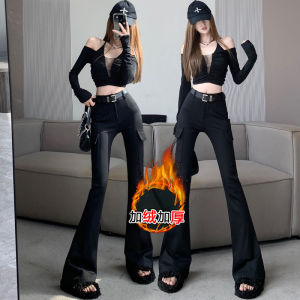 American Vibe Parka Bootcut Trousers Womens Fall and Winter Fleece-lined Thickened Casual Pants Silm Slim Looking Drape Mop Horseshoe Pants