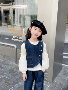 SSP3-Setelan One Set 3in1 Fashion Anak Perempuan Blouse Rompi Celana Jeans Kulot
