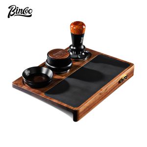 BINCOO Coffee Tamper Set Walnut Multi-function Press Powder Base Set Press Powder Hammer Powder Distributor Storage Working Board Espresso Utensils Set 51MM/58MM
