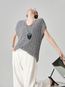 GULILI | Summer Crocheted Hollow Out Gray V-Neck Sleeveless Knitted Top