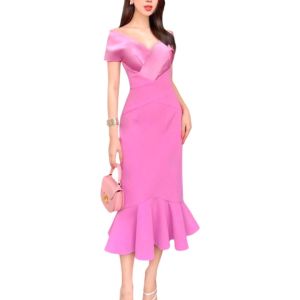 P024-015 PIMNADACLOSET - Off Shoulder Sleeveless Solid Satin Criss Cross Midi Dress